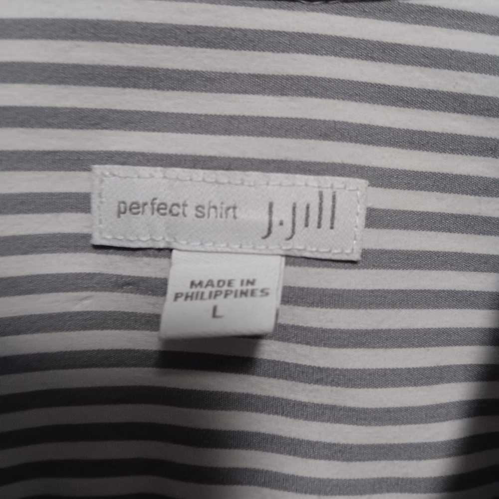 J. JILL Perfect Shirt gray white striped stretch cotton blend button down, L - Picture 4 of 13